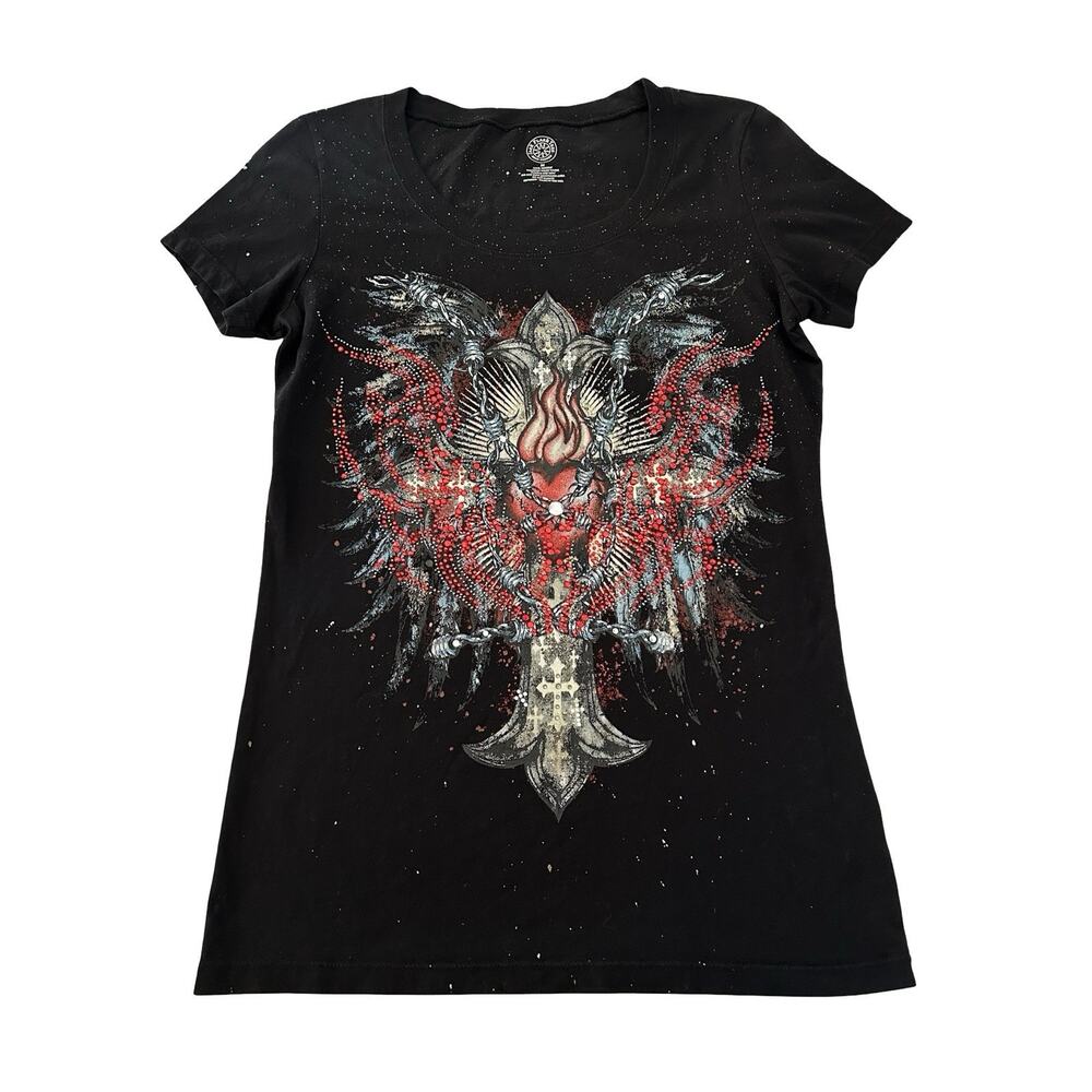 Jack Flash Tees T Shirt Womens Size M Black Flame Heart Cross Rhinestone Art